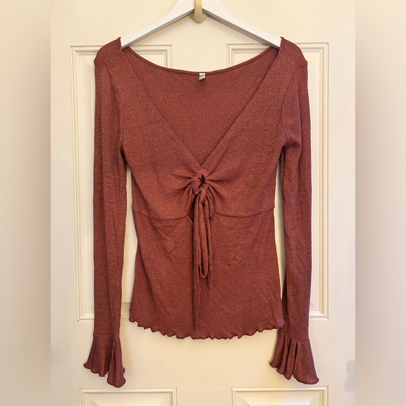 Free People Rust Long Sleeve Tie-Front Top - Picture 1 of 2